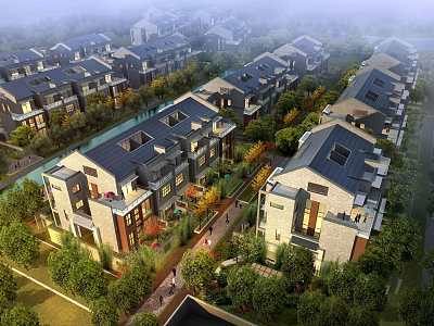 Row of Modern Townhouses with Sloped Roofs Lush Trees and Stone Exteriors 3d model