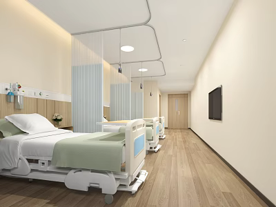 Hospital Ward Interior With Medical Beds Equipment Wooden Floor And TV 3d model
