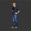 A Man With Hands On Hips In Yellow Cap Dark Blue V-neck T-shirt Blue Jeans