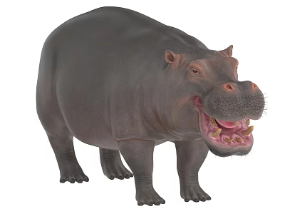 Realistic 3D Hippopotamus Model With Open Mouth And Visible Teeth Against White Background 3d model