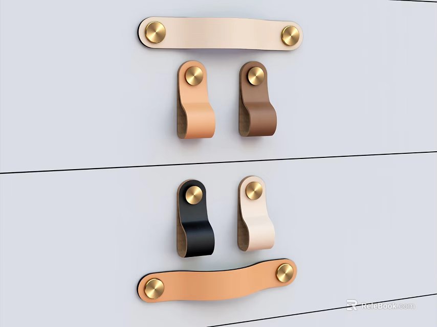 Stylish Leather Door Handles With Beige Brown Black Light Pink Colors And Gold Metal Accents 3d model 