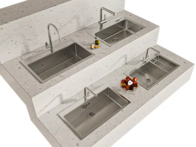 Multiple Modern Stainless Steel Kitchen Sinks Displayed On Countertop With Faucets And Fruits 3d model