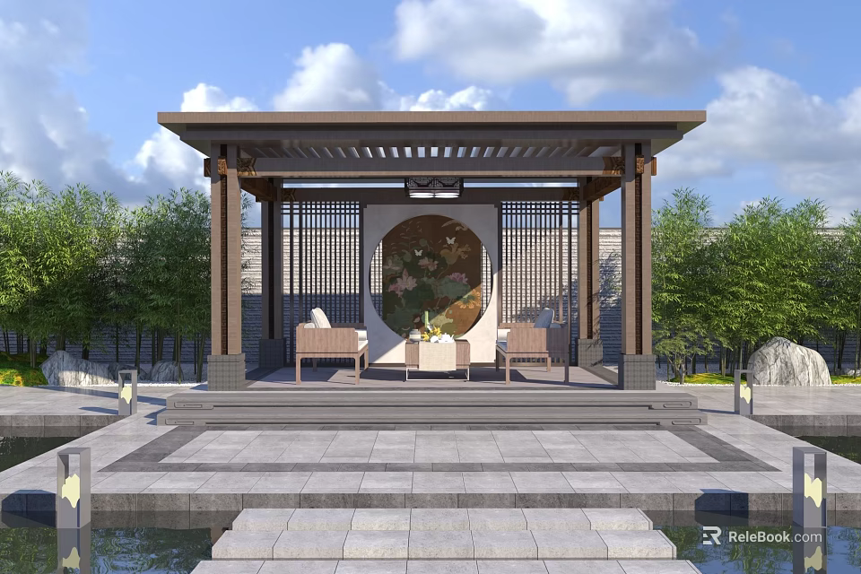Chinese Style Garden Pergola With Water Pool Green Plants And Seating Area 3d model 