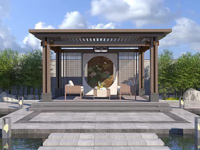 Chinese Style Garden Pergola With Water Pool Green Plants And Seating Area 3d model