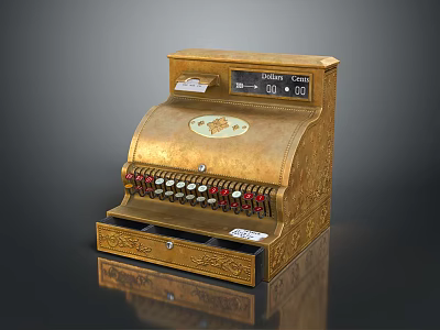 Vintage Golden Cash Register With Decorative Carvings And Functional Drawer For Household Use 3d model
