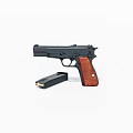 Detailed View of Black Handgun with Wooden Grip and Detachable Magazine