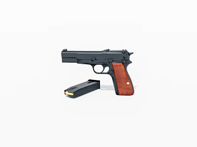 Detailed View of Black Handgun with Wooden Grip and Detachable Magazine 3d model