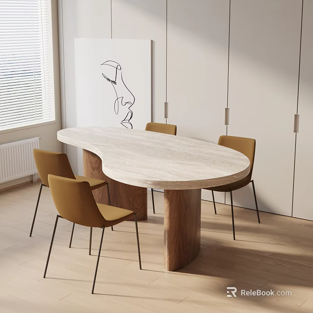 Oval Light Marble Top Dining Table Set With Four Yellow Chairs And Wooden Cylindrical Legs 3d model 