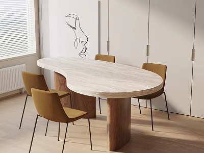 Oval Light Marble Top Dining Table Set With Four Yellow Chairs And Wooden Cylindrical Legs 3d model