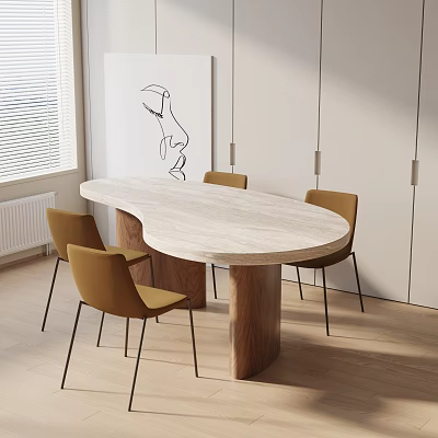 Oval Light Marble Top Dining Table Set With Four Yellow Chairs And Wooden Cylindrical Legs 3d model