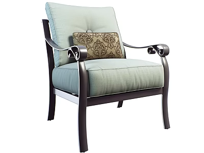 Elegant Leisure Chair With Light Blue Cushion Patterned Pillow And Curved Dark Armrests 3d model