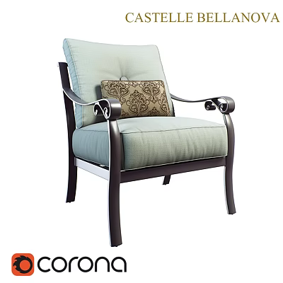 Elegant Leisure Chair With Light Blue Cushion Patterned Pillow And Curved Dark Armrests 3d model