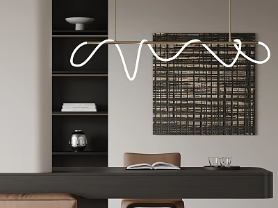 Stylish Modern Chandelier In Interior With Black Bookshelf Decorative Painting And Brown Chair 3d model