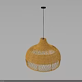 Plant Woven Rattan Pendant Light with Yellow Shade and Black Pole on Dark Background