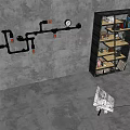 Industrial Style Bookshelf with Books and Vintage Wheel Decor Against Gray Wall and Pipes