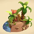 Cartoon Island Scene with Palm Trees Wooden Furniture Seashells and Small Stream