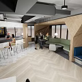 Modern Restaurant Interior Design With Wooden Booths Green Seating Herringbone Floor And Natural Landscape Wall