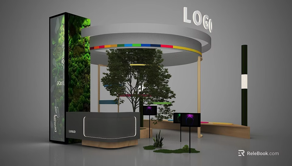 Modern Exhibition Island Design With Green Wall Tree Colorful Stripe And Reception Desk 3d model 