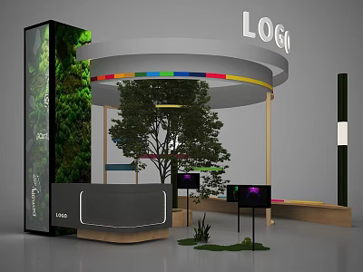 Modern Exhibition Island Design With Green Wall Tree Colorful Stripe And Reception Desk 3d model