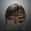 Ancient Warrior Helmet with Intricate Dragon Creature Carvings and Metallic Ornate Design