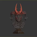 Ornate Head Sculpture With Red Horns And Metal Mesh Structure On Base