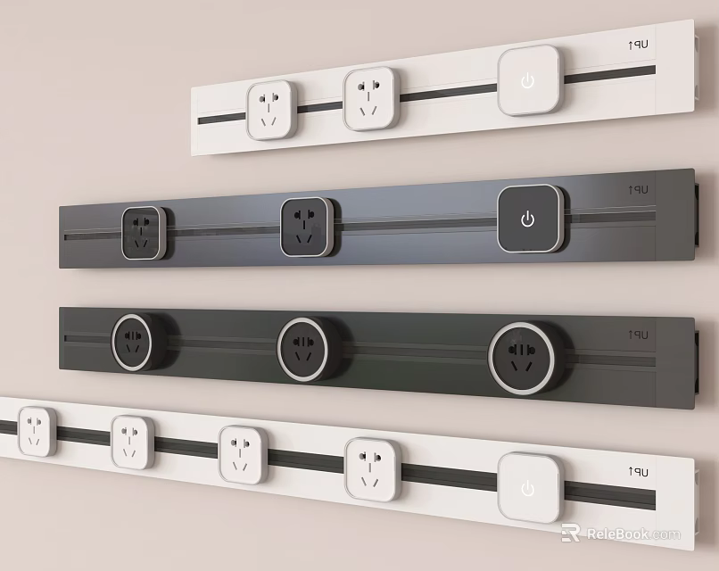 Modern Electrical Switch Panels With Black White Design Power Outlets And USB Ports 3d model 