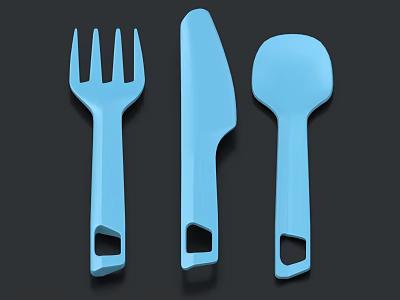 Light Blue Utensil Set Including Fork Knife And Spoon With Handle Holes 3d model