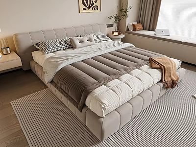 Modern Upholstered Double Bed with Gray White Comforter Checkered Pillows Nightstand Lamp and Striped Rug 3d model
