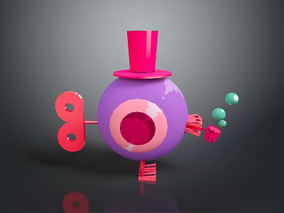 Playful Cartoon Animal With Purple Body Red Top Hat And Green Balls 3d model