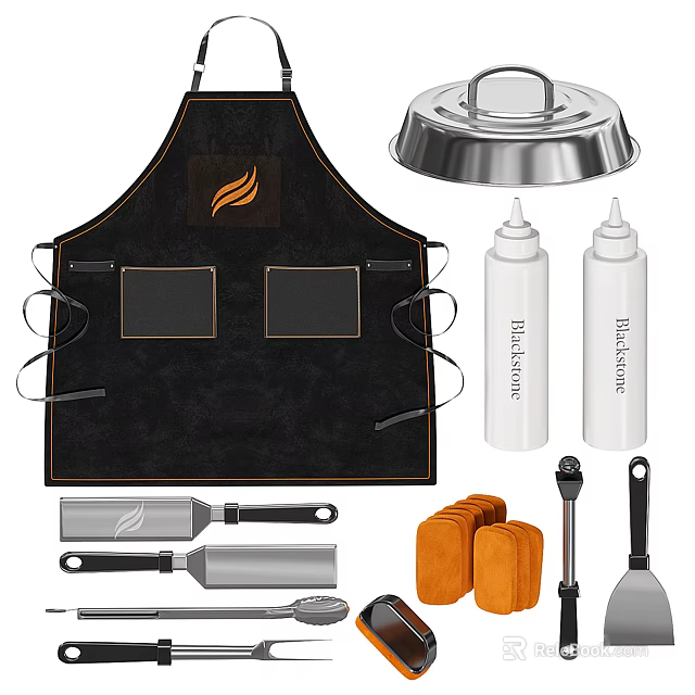 Essential Kitchen Cooking Accessories With Apron Stainless Steel Lid Sauce Bottles And Spatulas 3d model 