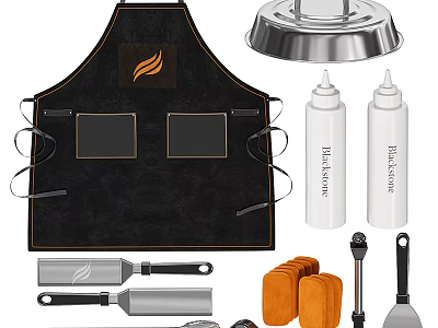 Essential Kitchen Cooking Accessories With Apron Stainless Steel Lid Sauce Bottles And Spatulas 3d model