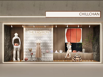 Chillchan Fashion Studio Window Display Featuring Mannequins Dresses Red Decor And Green Plants 3d model