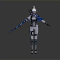 Elf Woman in Futuristic Tech Inspired Outfit Holding Blue Bow with Cape and Armor