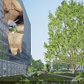 Modern Office Building with Glass Curtain Wall Green Trees Lush Lawn and Fresh Green Plants