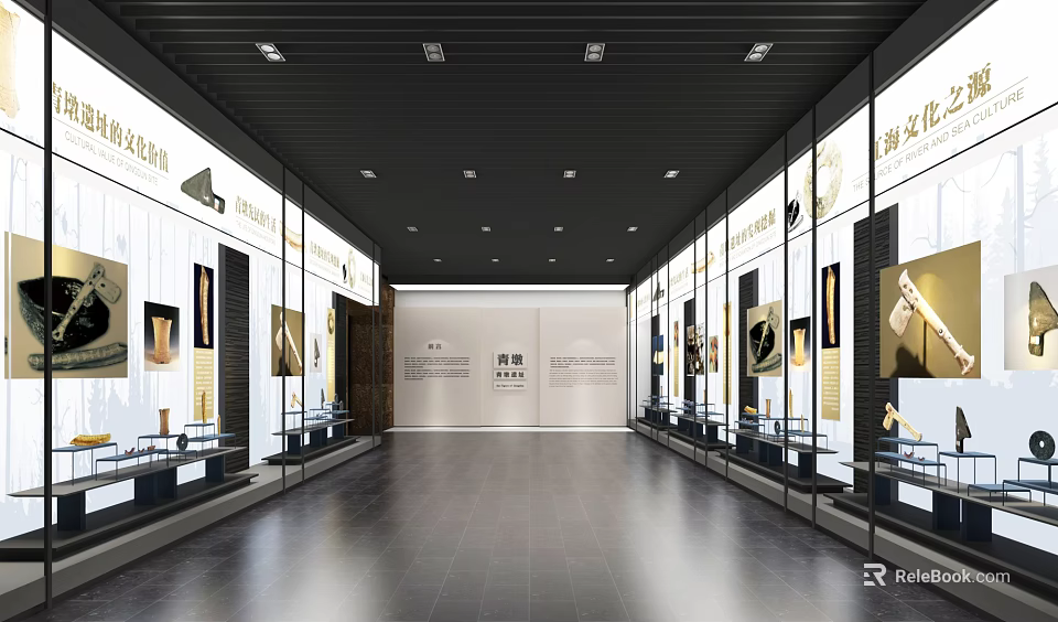 Spacious Exhibition Hall Interior With Glass Display Cases Various Exhibits Ceiling Lighting And Tile Floor 3d model 