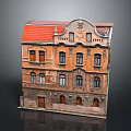 European Style Architecture Multi Story Building With Red Roof Orange Facade And Decorative Windows