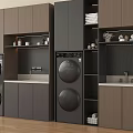 Modern Laundry Room Interior Design With Black Washing Machines And Wooden Cabinets