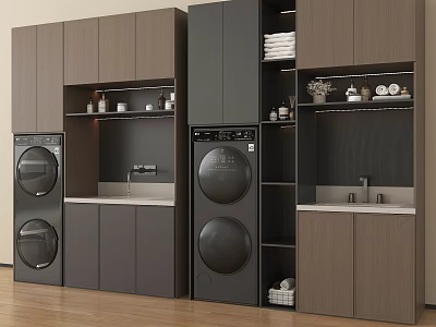 Modern Laundry Room Interior Design With Black Washing Machines And Wooden Cabinets 3d model