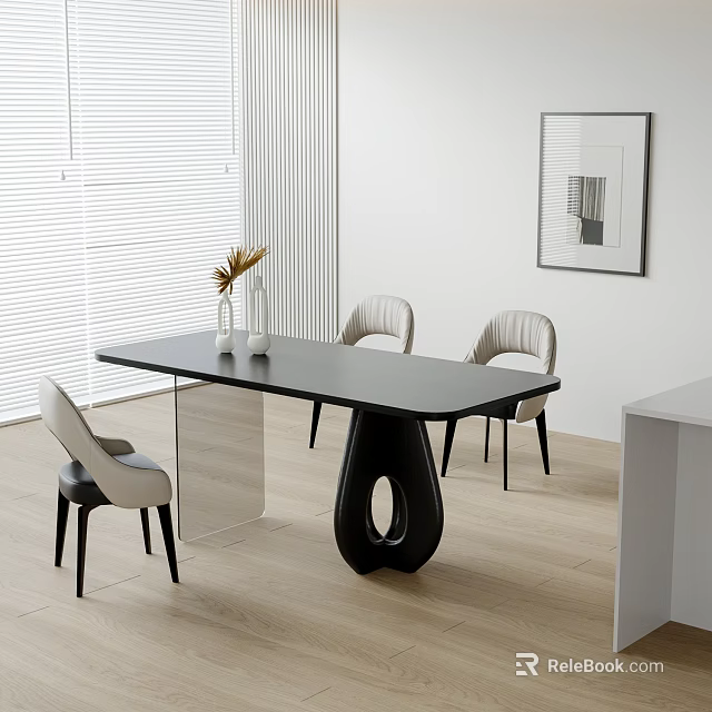 Modern Black Dining Table Set With Three Light Gray Chairs And Decorative Vase 3d model