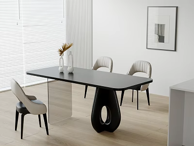 Modern Black Dining Table Set With Three Light Gray Chairs And Decorative Vase 3d model
