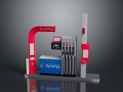 Cartoon Scene of Synergy Fuel Station With Red Arch Blue Box and Fuel Dispenser 3d model