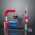 Cartoon Scene of Synergy Fuel Station With Red Arch Blue Box and Fuel Dispenser