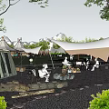 Garden Landscape Featuring Outdoor Dining Area Tents Canopy Trees Stone Pavement and Logs