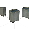 Three Old Style Upright Washing Machines With Control Panels And Worn Look