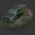 Old Dirty SUV Parked On Wet Ground With Weeds And Ferns Around