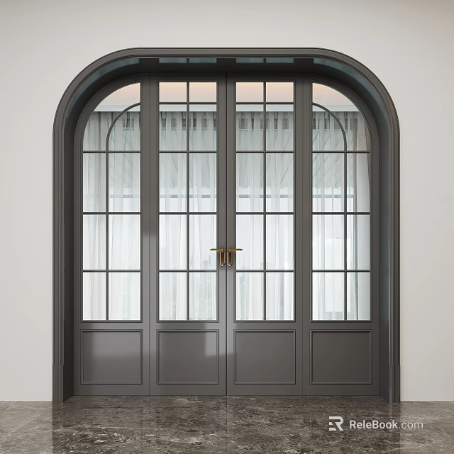 Gray Double Doors With Arched Design Glass Panels And Brass Handles Modern Interior 3d model 