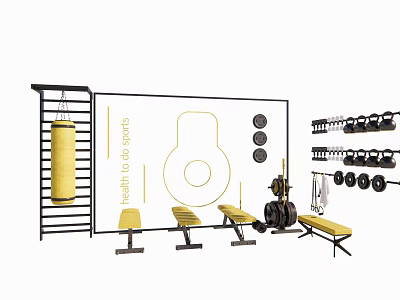 Sports Equipment Setup Including Boxing Bag Dumbbells And Weight Benches For Indoor Gym 3d model
