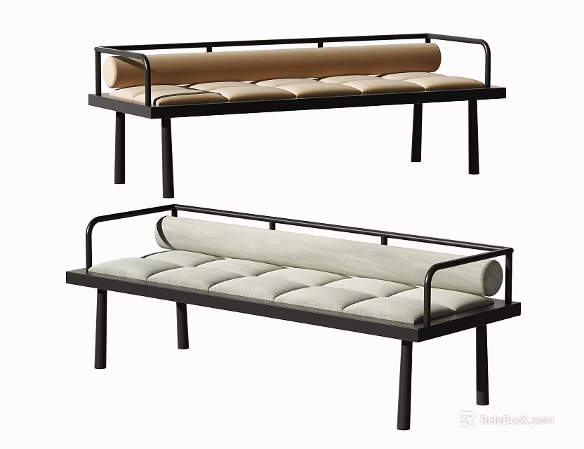 Modern Multi person Sofa with Black Frame Light Upholstered Cushions and Cylindrical Backrest 3d model