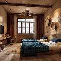 Hotel Guest Room Featuring Twin Beds Blue Bedspreads And Circular Wall Decorations