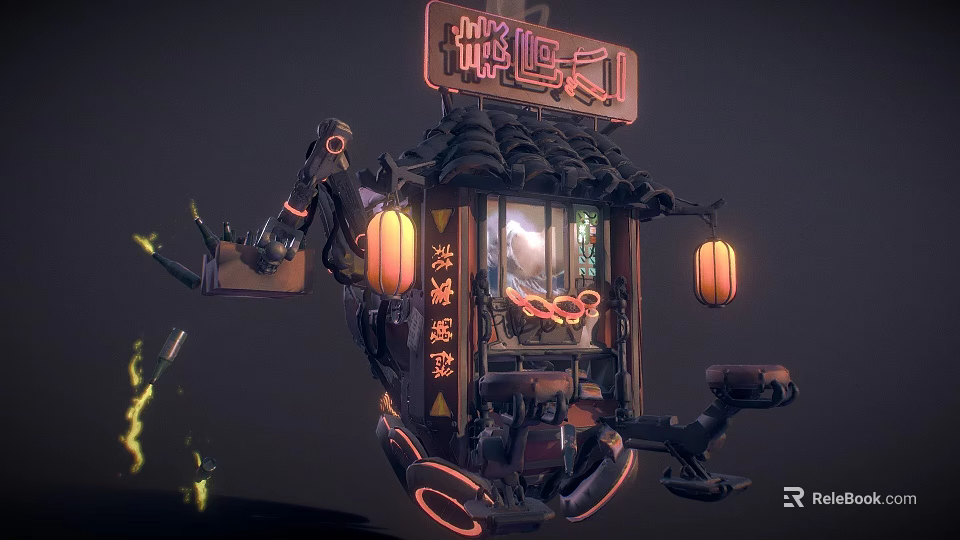 Unique Chinese Mechanical Mobile Stall With Traditional Lanterns Roof And Futuristic Design 3d model 